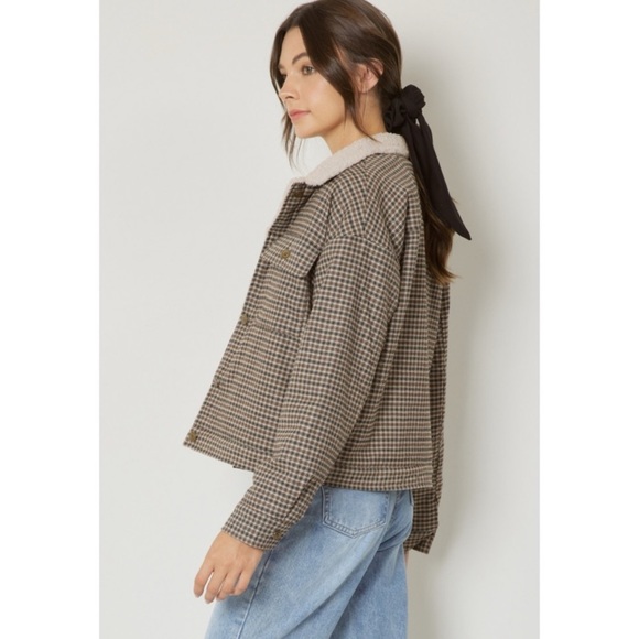 107-3 Entro Micro Plaid Print Button Front Jacket with Sherpa Lining - Picture 6 of 9